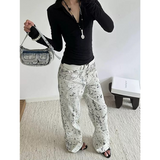 Flytonn-2024 Autumn Women's Casual Print Gothic Jeans Vintage Aesthetic Emo Loose Washed Pants Y2K Wide Leg Punk Baggy Denim Trouser