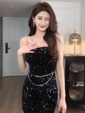 Flytonn-y2k outfits Spicy Girl Black Sequin Strapless Dress for Women Spring and Autumn New Tight  Fashion Short Wrap Hip Slimmimng Sexy Dresses