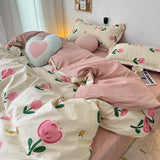 Flytonn-2025 Spring Bedding Set Ins Pink Flowers Bedding Set Fashion Flat Sheet Duvet Cover No Filling Pillowcase Twin Full Queen Nordic Boy Girl Bed Linen