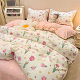 Flytonn-2025 Spring Bedding Set Tulips Duvet Cover Set with Flat Sheet Pillowcases Fashion Twin Double Queen Size Bed Linen Soft Boys Girls Bedding Kit