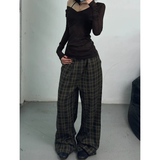 Flytonn-Women Brown Cargo Pants lattice Streetwear High Waist American Wide Leg Pants Y2K Fashion Female Winter Straight Trousers