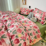 Flytonn-2025 Spring Bedding Set Ins Pink Tulip Bedding Set Floral Duvet Cover Flat Sheet with Pillowcases No Filling Single Queen Size Boys Girls Bed Linen