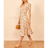 Flytonn-BACK TO SCHOOL OUTFIT Beach Summer Dress Women Sundress 2025 V Neck Short Puff Sleeve Ruffle Hem Print Midi Dress Elegant Vintage Belted Wrap Dress