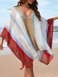 Flytonn-Winter Outfits Christmas Thanksgiving Gift New Year's Eve Outwear Batwing Sleeves Loose Hollow Striped Sun Protection V-Neck Beach Cover-Up