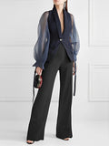 Flytonn-Winter Outfits Christmas Thanksgiving Gift New Year's Eve Outwear Loose Puff Sleeves See-Through Split-Joint Lapel Blazer Suits Blouses&Shirts Tops