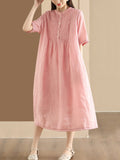 FLYTONN- Women Summer Casual Solid Shirred Button Linen Dress HH019