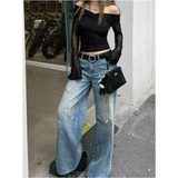 Flytonn-Streetwear Retro Fashion Autumn Women High Waist  Blue Stamp Loose Wide Leg Straight Loose Denim Trousers Y2K Stamp Baggy Pants