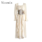 Flytonn-y2k outfits High end French Vintage Lace White Bodycon Dress Spring New Temperament Sweet Long Sleeve Waist Slimming Long Dresses for Women