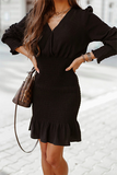 Flytonn- Casual Solid Flounce Fold V Neck One Step Skirt Dresses