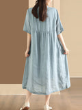 FLYTONN- Women Summer Casual Solid Shirred Button Linen Dress HH019