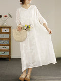 FLYTONN- Women Summer Floral Embroidery Strap V-Neck Ramie Dress HH045