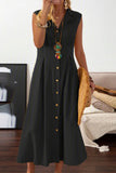 Flytonn- Casual Solid Buckle Turndown Collar Waist Skirt Dresses