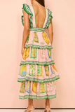 Flytonn- Casual Graffiti Print Lace Up Backless Ruffle O Neck Cake Skirt Dresses