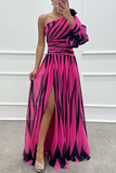 Flytonn- Sexy Prom Striped Print Slit Irregular Sloping Shoulder Evening Dresses(4 Colors)