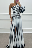 Flytonn- Sexy Prom Striped Print Slit Irregular Sloping Shoulder Evening Dresses(4 Colors)