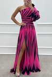 Flytonn- Sexy Prom Striped Print Slit Irregular Sloping Shoulder Evening Dresses(4 Colors)