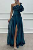 Flytonn- Sexy Prom Striped Print Slit Irregular Sloping Shoulder Evening Dresses(4 Colors)