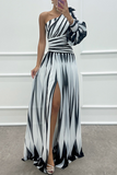 Flytonn- Sexy Prom Striped Print Slit Irregular Sloping Shoulder Evening Dresses(4 Colors)