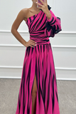 Flytonn- Sexy Prom Striped Print Slit Irregular Sloping Shoulder Evening Dresses(4 Colors)