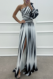 Flytonn- Sexy Prom Striped Print Slit Irregular Sloping Shoulder Evening Dresses(4 Colors)