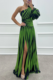 Flytonn- Sexy Prom Striped Print Slit Irregular Sloping Shoulder Evening Dresses(4 Colors)