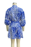 Flytonn- Casual Vacation Floral Print Lace Up Mandarin Collar Waist Skirt Dresses