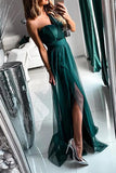 Flytonn- Sexy Prom Slit Mesh Sloping Shoulder Evening Dresses