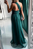 Flytonn- Sexy Prom Slit Mesh Sloping Shoulder Evening Dresses