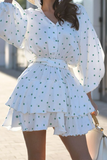 Flytonn- Casual Street Polka Dot Lace Up V Neck Cake Skirt Dresses