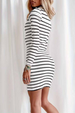 Flytonn- Casual Street Stripe See-Through Contrast Turndown Collar Wrapped Skirt Dresses