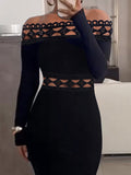 Flytonn-Black Friday Sale - Bodycon Long Sleeves Hollow Solid Color Split-Joint Off-The-Shoulder Midi Dresses