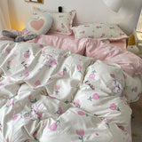 Flytonn-2025 Spring Bedding Set Pink Floral Bedding Set with Duvet Cover No Filler Pillowcase Flat Sheet Ins Nordic Style Kid Adult Single Double Size BedSpread