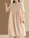 FLYTONN- Women Summer Casual Solid Shirred Button Linen Dress HH019