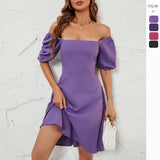 Flytonn-Black Friday Sale - New Solid Color Square Neck Puff Sleeve Women Sexy Casual Dress