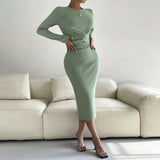 Flytonn-Black Friday Sale - Women's Elegant Long Sleeve Round Neck Slim Fit Midi Dress