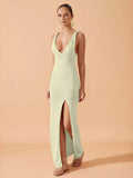 Flytonn Deep V Backless Split Knit Dress Female Sexy Solid High Waist Slim Maxi Vacation Beach Dresses See Through Summer New