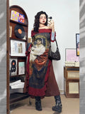 Flytonn-y2k outfits Sexy Off Shoulder Unique Printed Design Long Sleeve Dress for Women Early Spring New Retro Oil Painting Slimming Long Dress