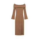 Flytonn-y2k outfits Autumn/Winter New Sexy Off Shoulder Slim Fit Long Sleeve Split Hip Wrap Maxi Dress for Women Elegant Spicy Girl Brown Sexy Dress