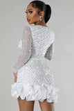 Flytonn-nye outfits Luxury Plunge Beaded Crystal Mesh Panel Ruffle Bodycon Party Mini Dress