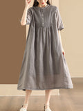 FLYTONN- Women Summer Casual Solid Shirred Button Linen Dress HH019