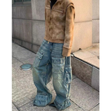 Flytonn-Blue Women Jeans Streetwear Vintage Fashion High Waisted Wide Leg Jean Female Trouser 2024 NEW Hip Hop Baggy Denim Pants