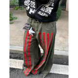 Flytonn-Autumn Women's Casual Retro Wide Leg Baggy Emo Denim Trouser Harajuku High Waist Loose Jeans Lady Green Striped Print Pants