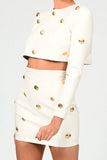 Flytonn-nye outfits Long Sleeve Button Trim High Waist Mini Leather Two Piece Dress - White