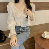 Flytonn-cute winter outfits casual winter outfits christmas outfit party look inspos Long Sleeve Lace Tie Cropped Blouse Shirts