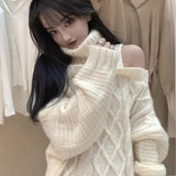 Flytonn-cute winter outfits casual winter outfits christmas outfit party look inspos Sexy Off Shoulder Solid Turtleneck Knitted Sweater