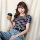 Flytonn-cute winter outfits casual winter outfits christmas outfit party look inspos O-Neck Striped Cropped Slim Shirt