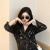 Flytonn-cute winter outfits casual winter outfits christmas outfit party look inspos Long Sleeve Stars Sequins Chiffon Blouse Shirt