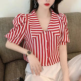 Flytonn-cute winter outfits casual winter outfits christmas outfit party look inspos Striped Puff Sleeve Turn Down Collar Blouse Shirt