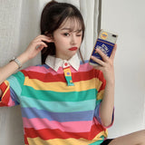 Flytonn-cute winter outfits casual winter outfits christmas outfit party look inspos Colorful Rainbow Striped Collar Shirt