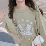 Flytonn-cute winter outfits casual winter outfits christmas outfit party look inspos Loose Cute Rabbit Embroidery Knitted Sweater